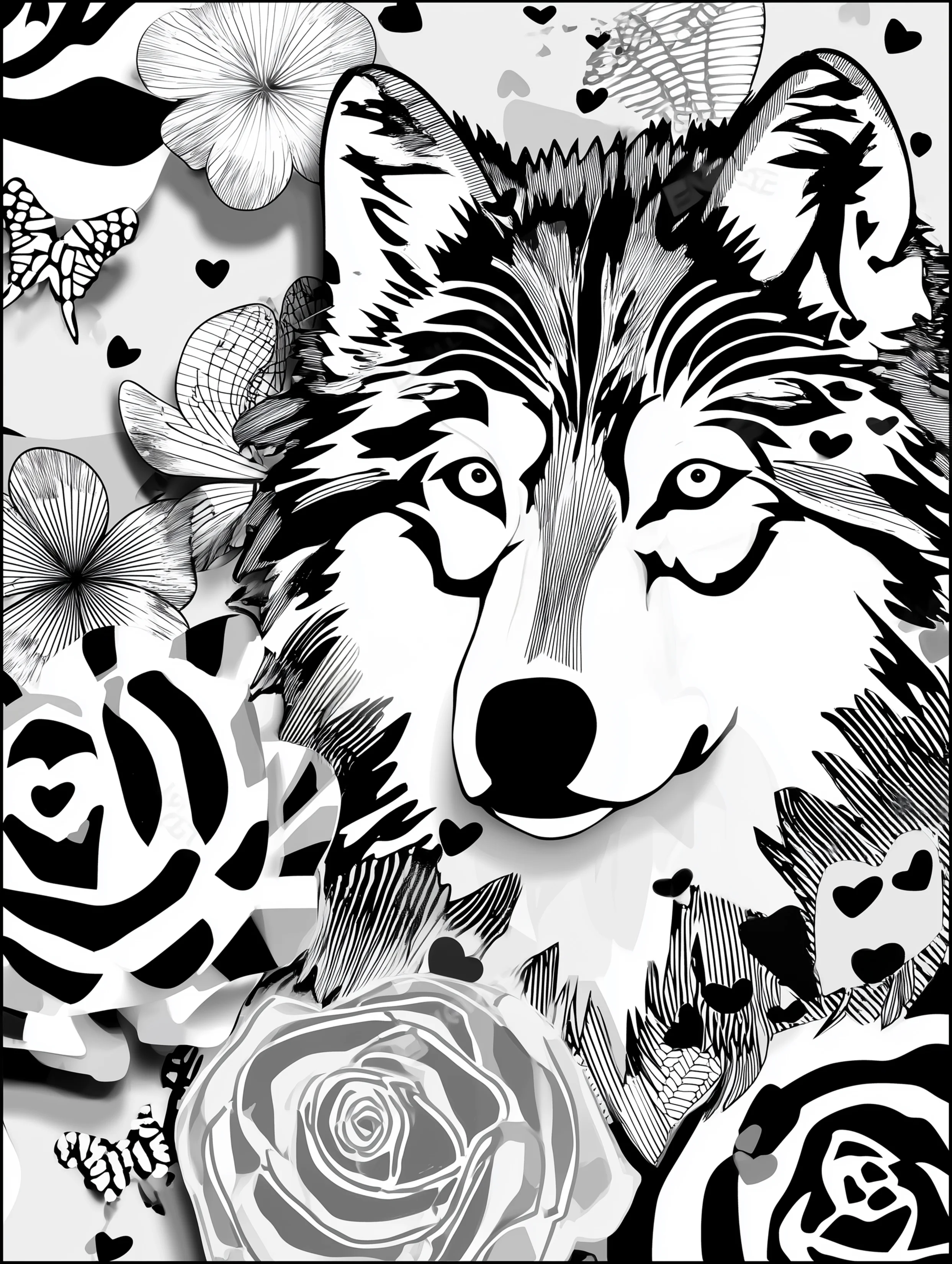 Free printable wolf coloring page for adults featuring a full face wolf portrait